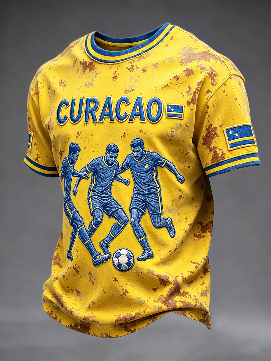 Geel heren trekkoord voetbal vintage print casual T-shirt