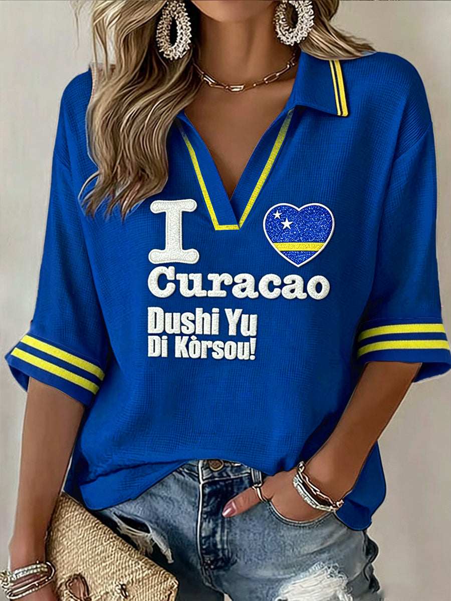 Dames blauwe Curacao Hartprint Casual V-hals poloshirt