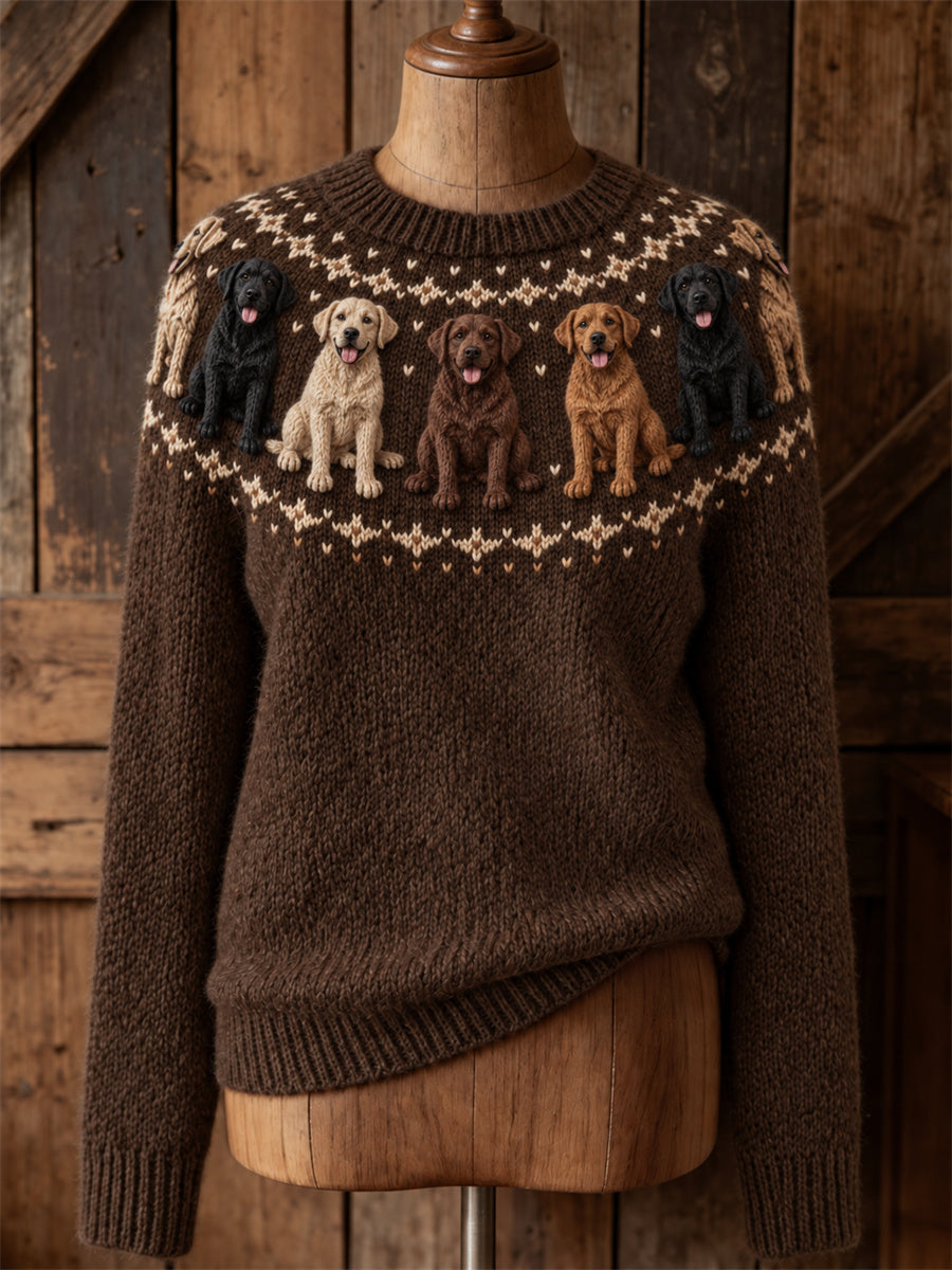 Dames Vintage Labrador Honden Yoke Isle Print Gezellige trui met ronde hals