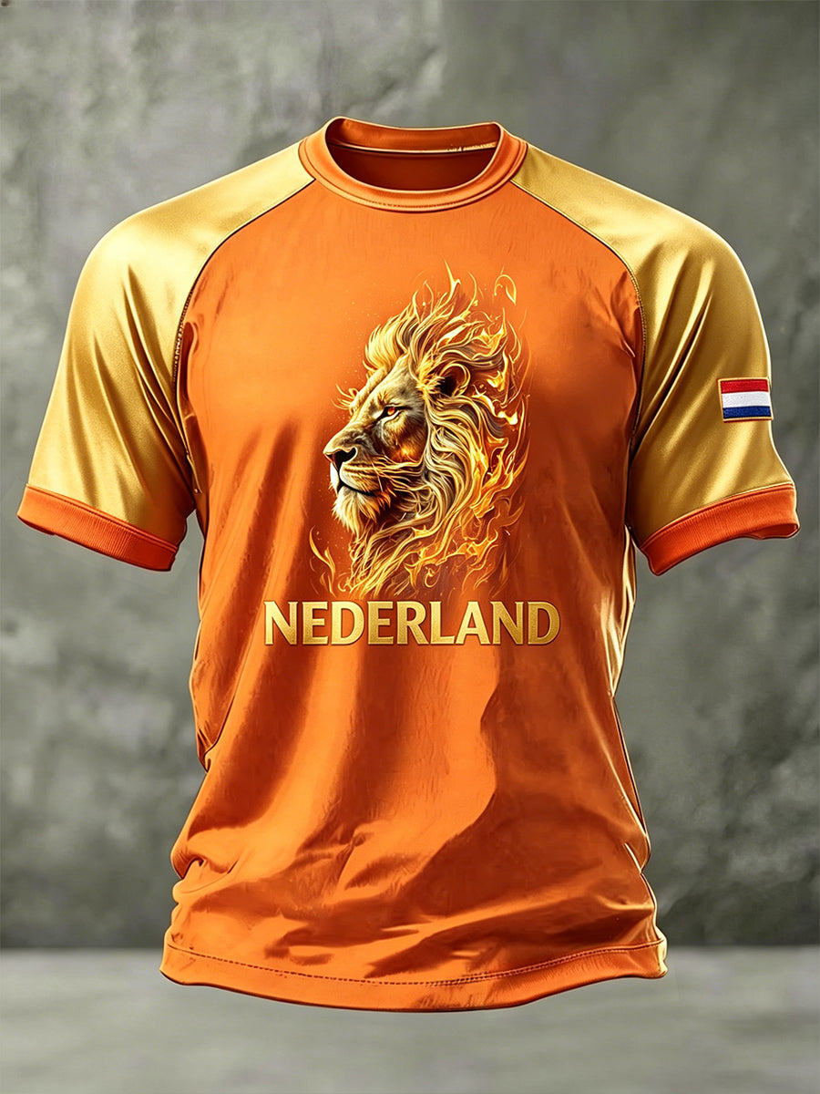 Heren T-shirt met gouden leeuwenprint en raglanmouwen