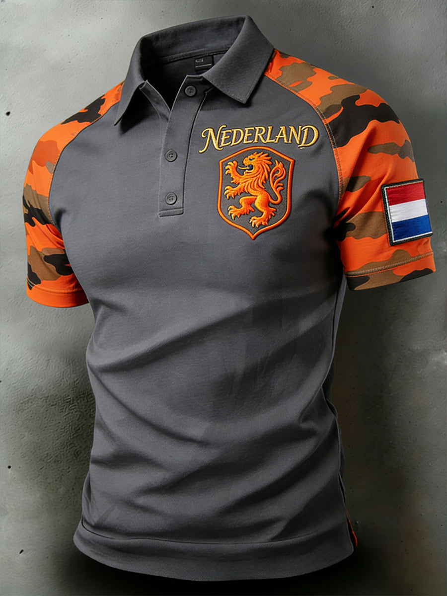 Herenpolo met korte mouwen en leeuwenthema in raglanstijl