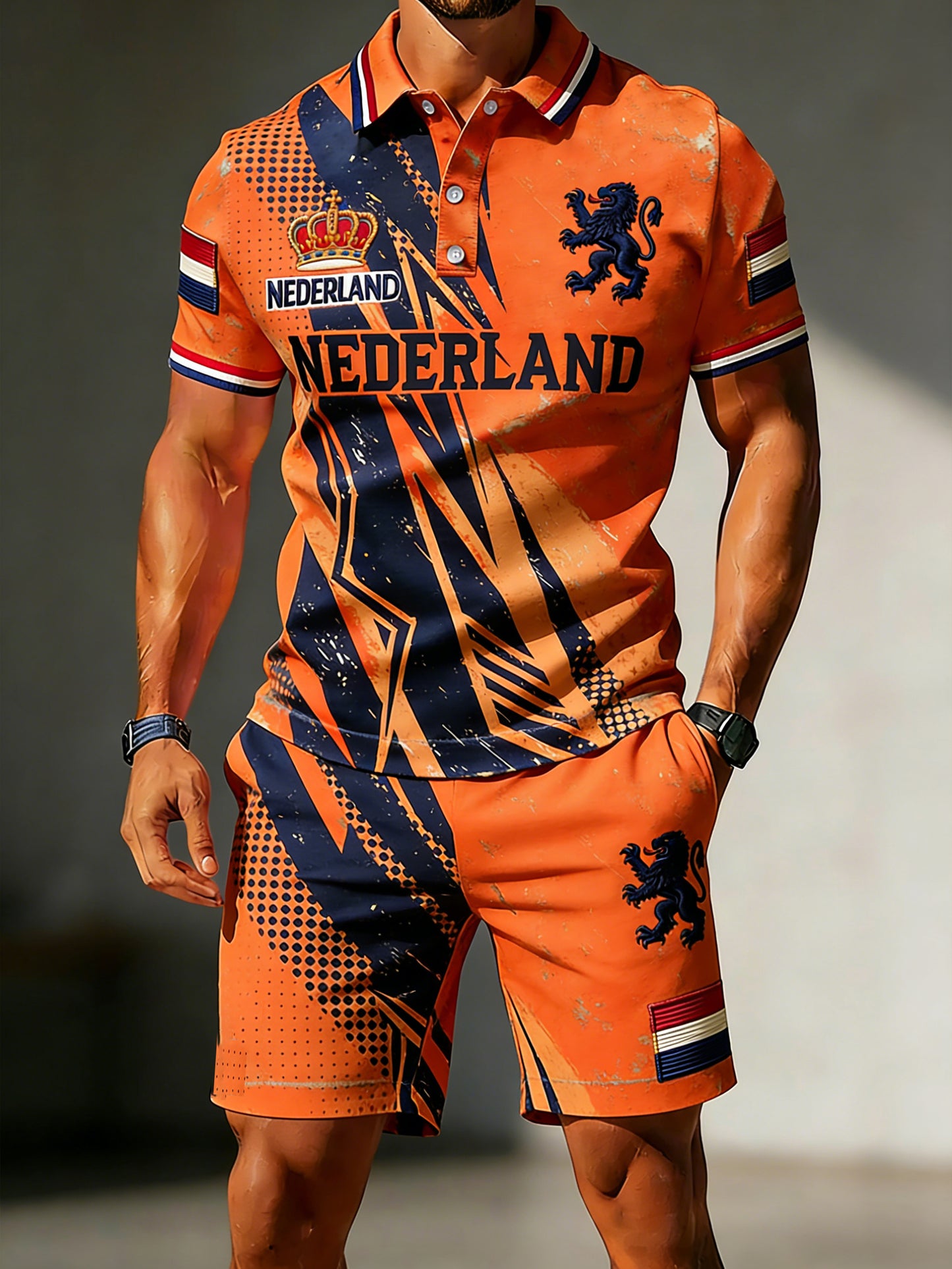 Herenpolo met koningsdagprint en korte broek set