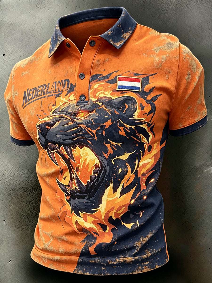 Heren casual poloshirt met verweerd leeuwenmotief
