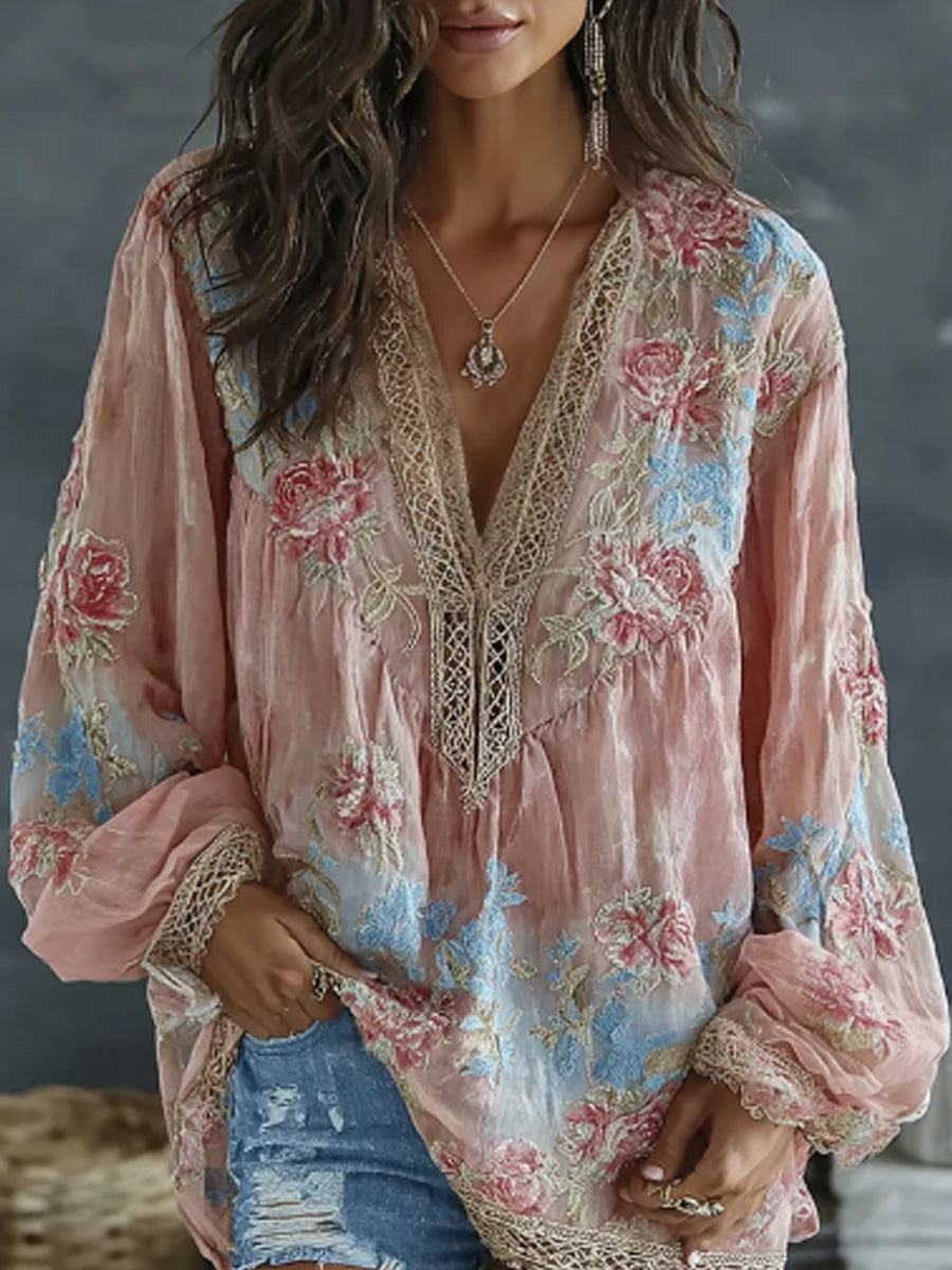 Vintage bloemen en vlinder geborduurde kunst print flowy linnen mix casual tops voor dames