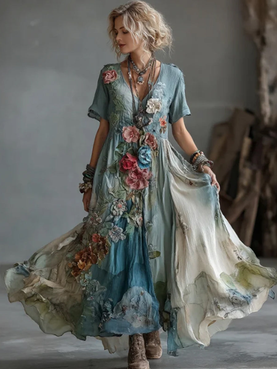 Dames vintage gradiënt bloesems geborduurd katoen en linnen maxi jurk