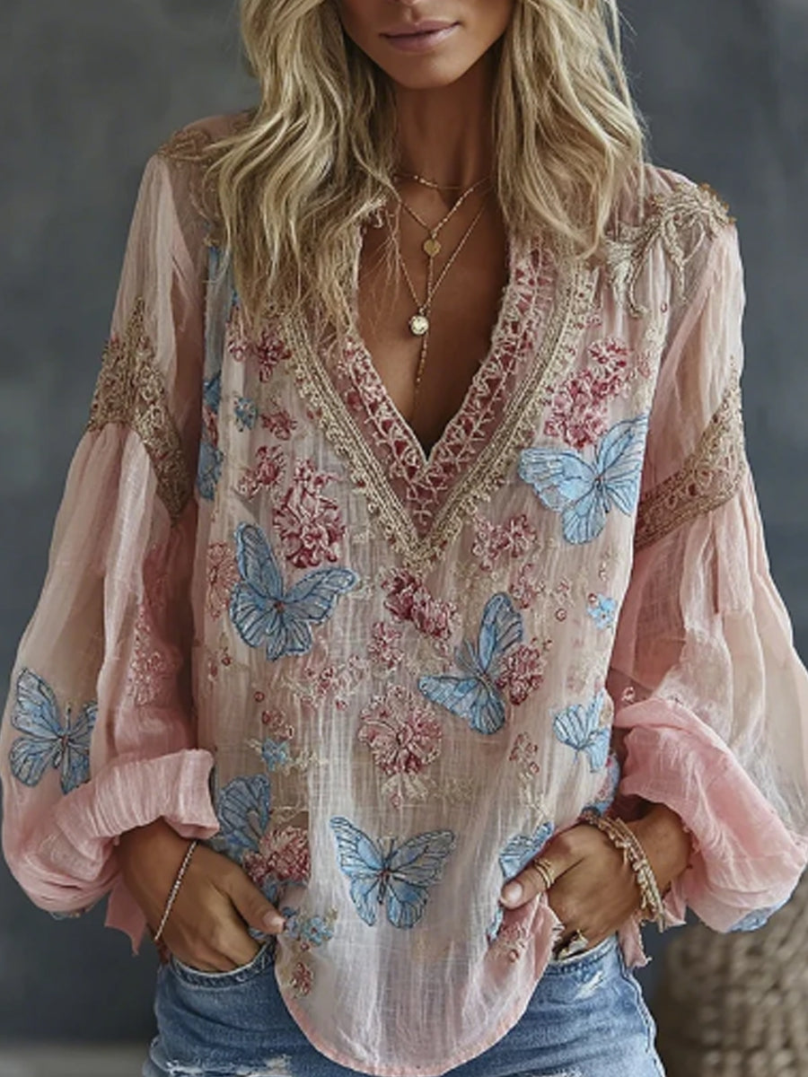 Dames vintage bloemen- en vlindergeborduurde artprint soepelvallende linnenmix casual tops