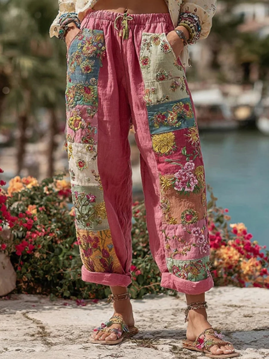 Damesbroek in bohemian stijl met bloemenborduurwerk, contrasterende kleuren, gemaakt van een linnenmix, casual model