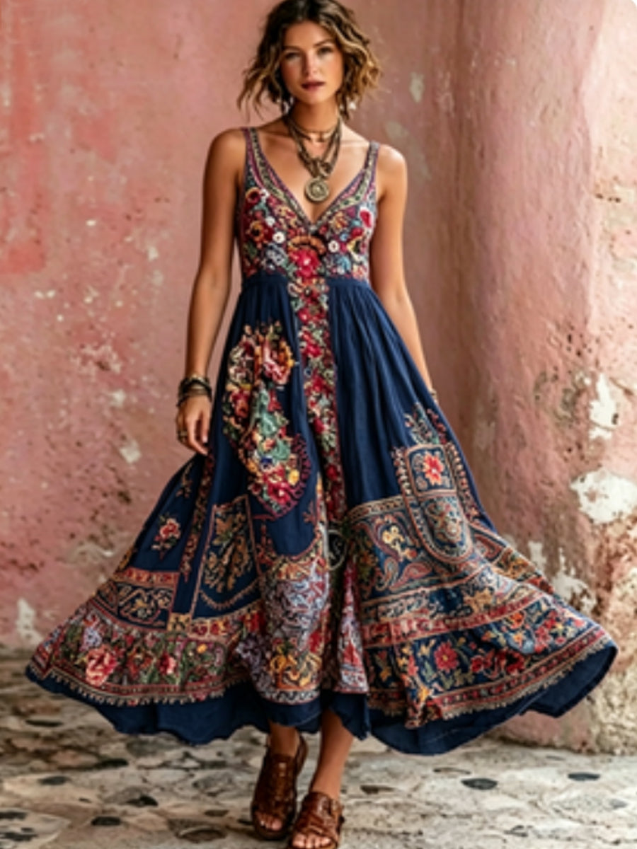 Damesjurk in Bohemian-stijl met bloemenborduurwerk, V-hals en korte mouwen, midi-lengte