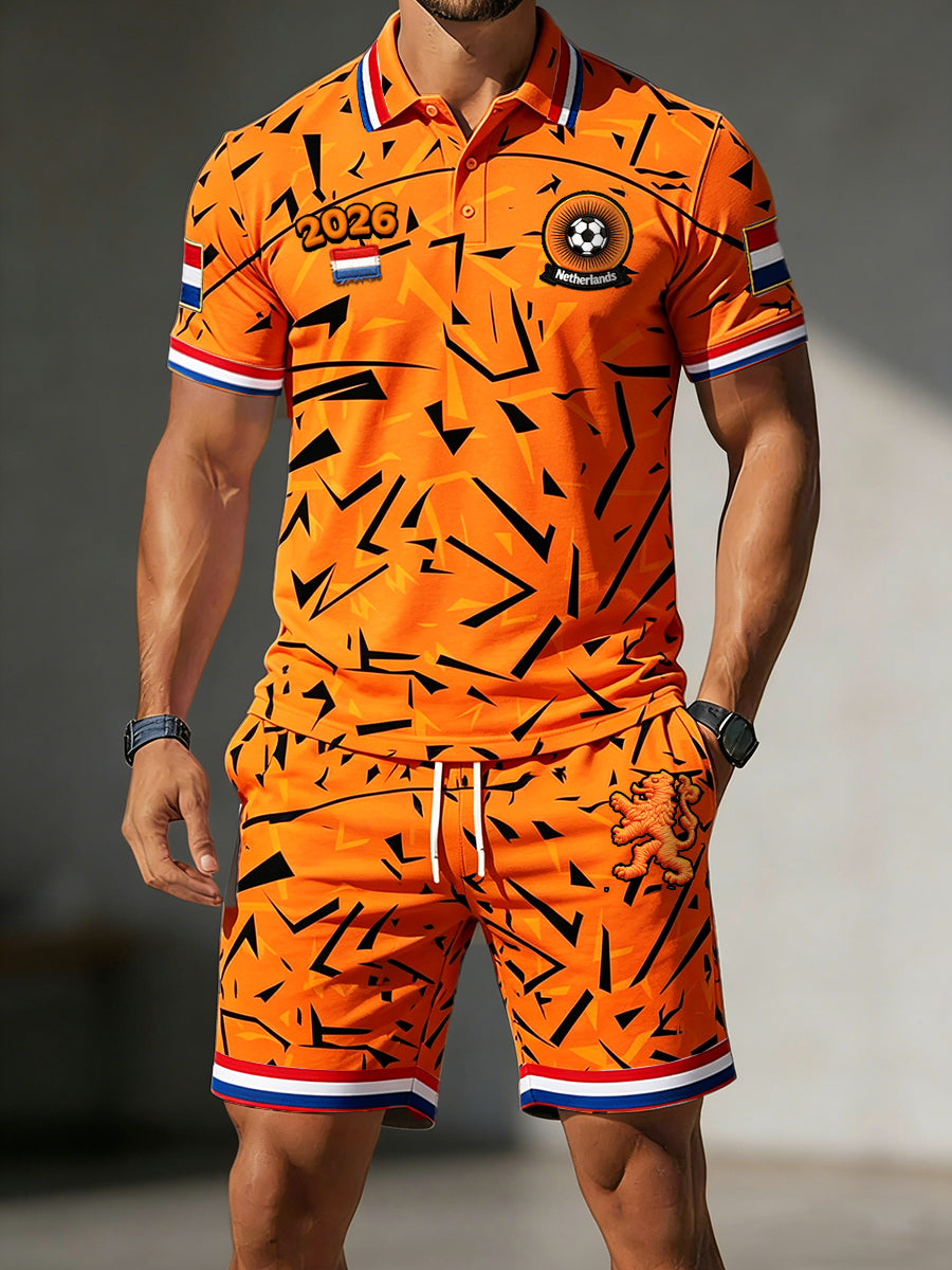 Heren Nederland 2026 Voetbal Graffiti Print Casual Poloshirt en Korte Broek Set