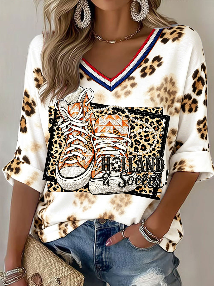 Dames Nederlandse Voetbal Leopard Print Casual T-shirt