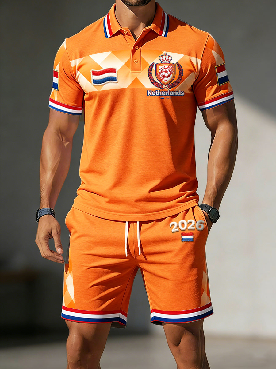 Heren oranje Holland 2026 voetbalprint casual poloshirt en korte broek set