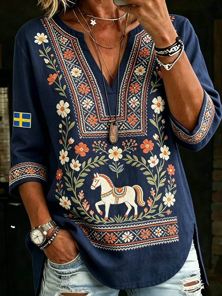 Dames Midsommerfeest Etnische print Casual top met V-hals