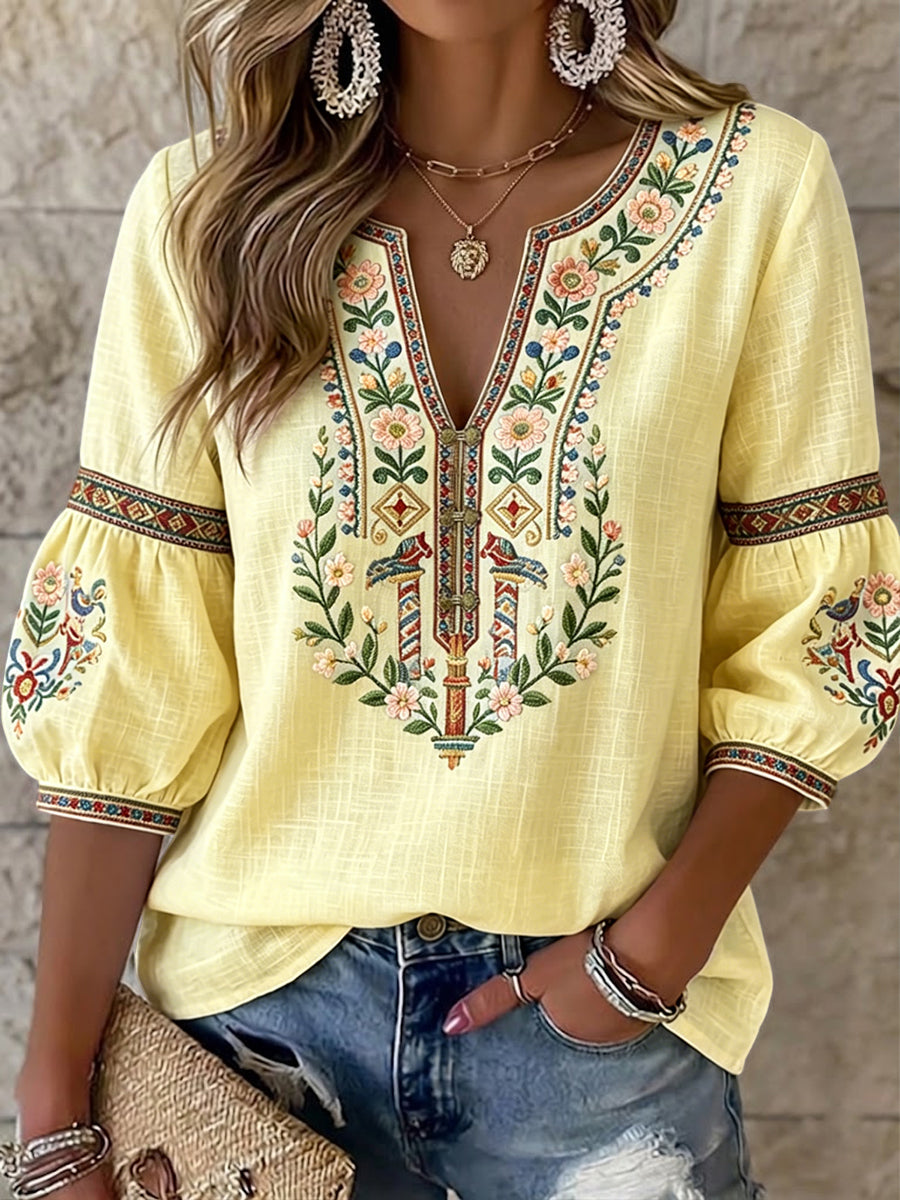 Damesretro Zweedse Midsomer bloemen symmetrische art v-hals blouse