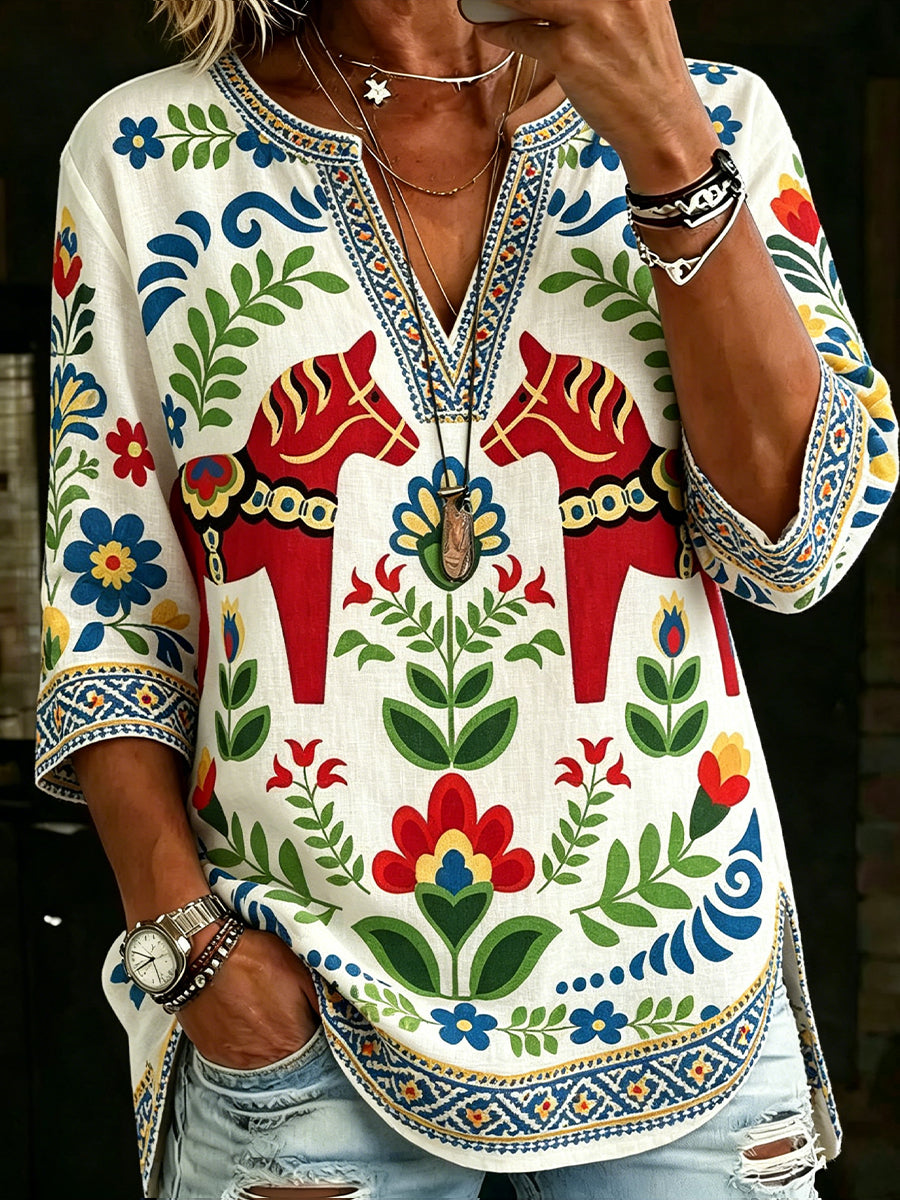 Dames Midsommerfeest Etnische print Casual top met V-hals