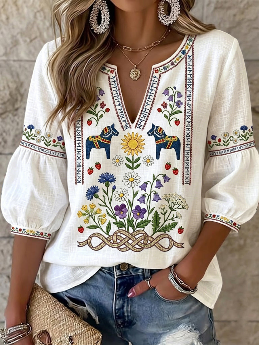 Dames Vintage-stijl Zweeds Midsomer-carrousel bloemen V-hals topje