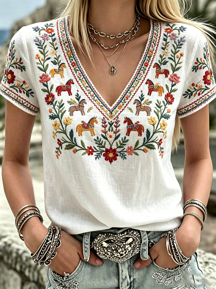 Dames Zweeds Midsummer-print V-hals casual T-shirt