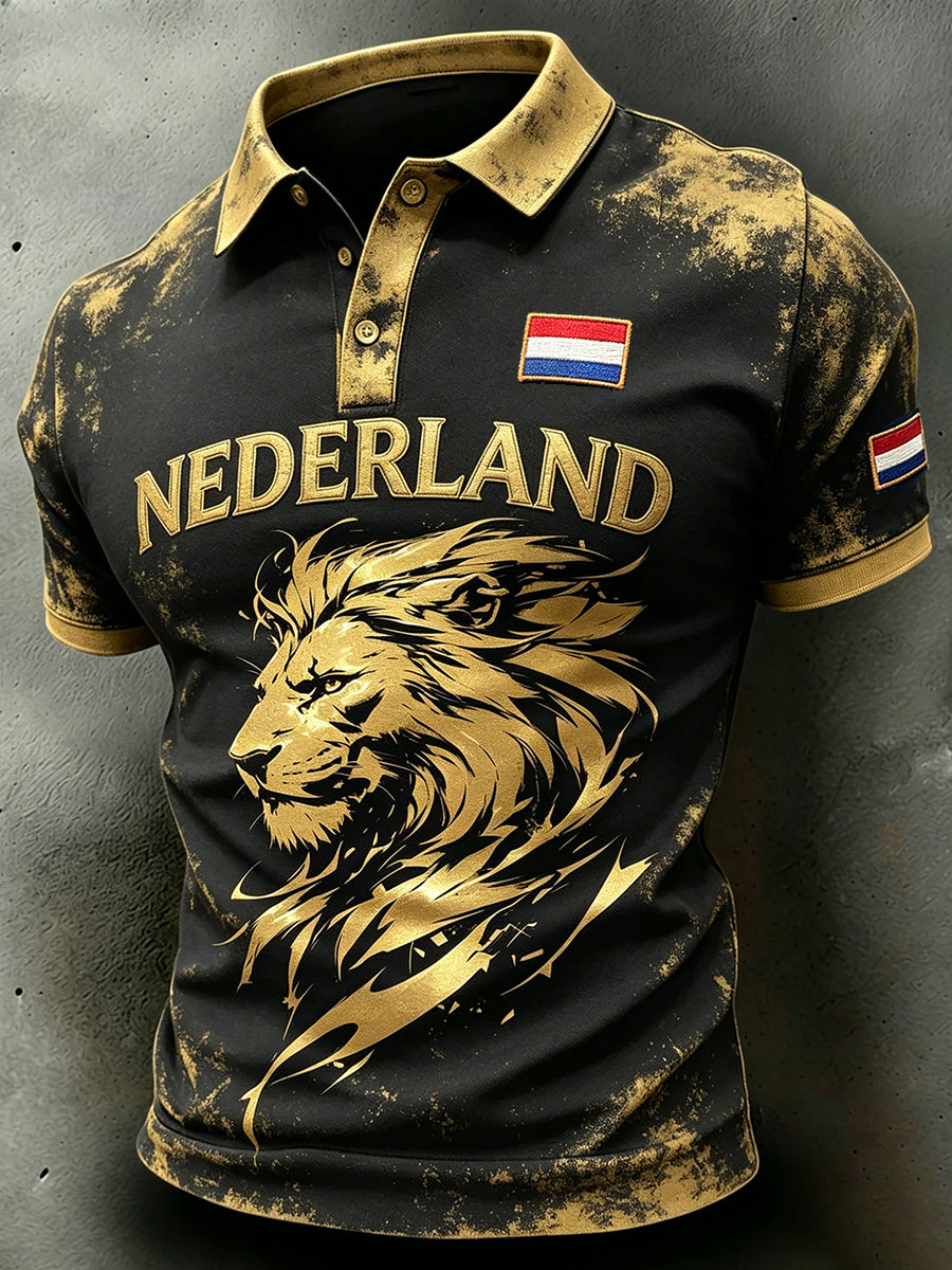 Atletisch poloshirt voor heren met zwart en goud kleurenschema en leeuwdruk