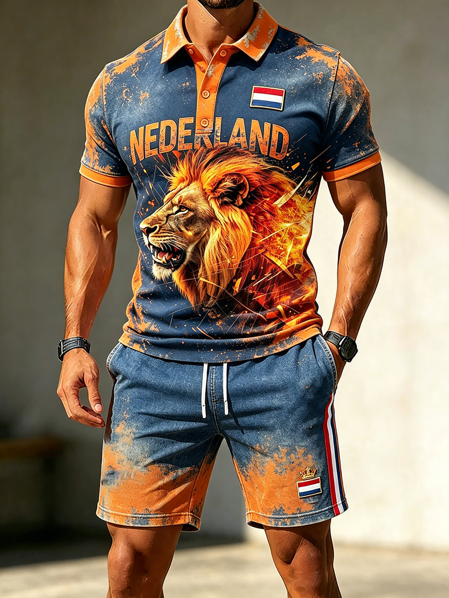 Herenpolo met korte mouwen en shortsset met Koningsdag-thema