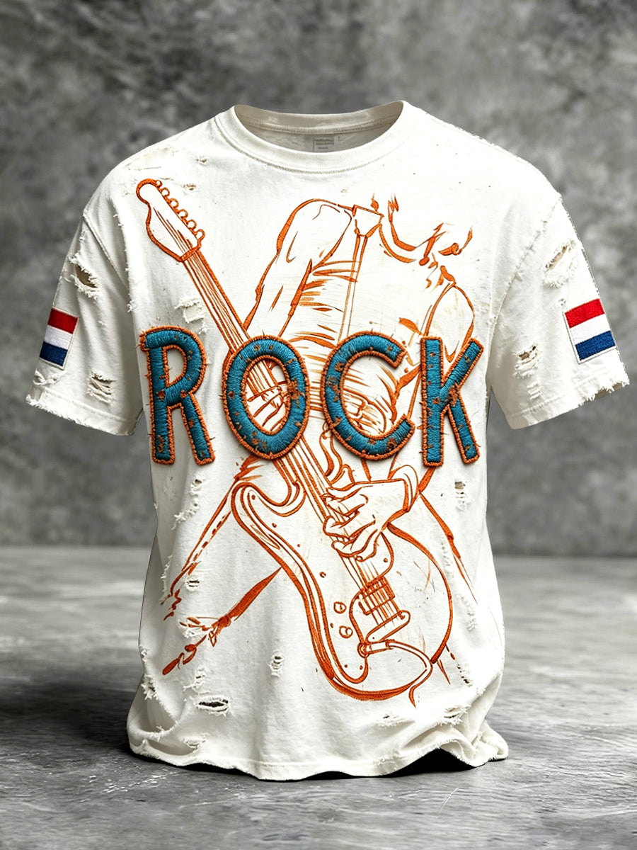Heren Vintage Wit Nederlands Rockmuziek Versleten Print Casual T-shirt