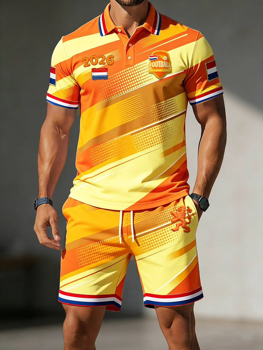 Heren 2026 Oranje Nederlandse Voetbalstreep Print Casual Poloshirt en Korte Broek Set