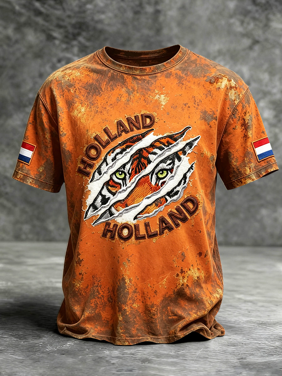 Heren casual t-shirt in vintagestijl met verweerd oranje Nederlandse tijgerprint