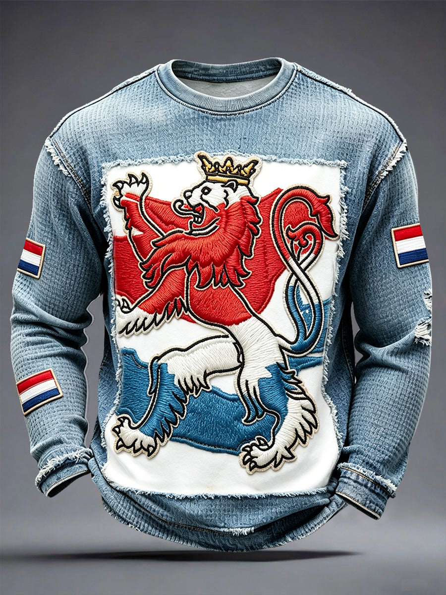 Heren T-shirt met patchworkprint van de Nederlandse vlag, casual, lange mouwen, gewafelde stof