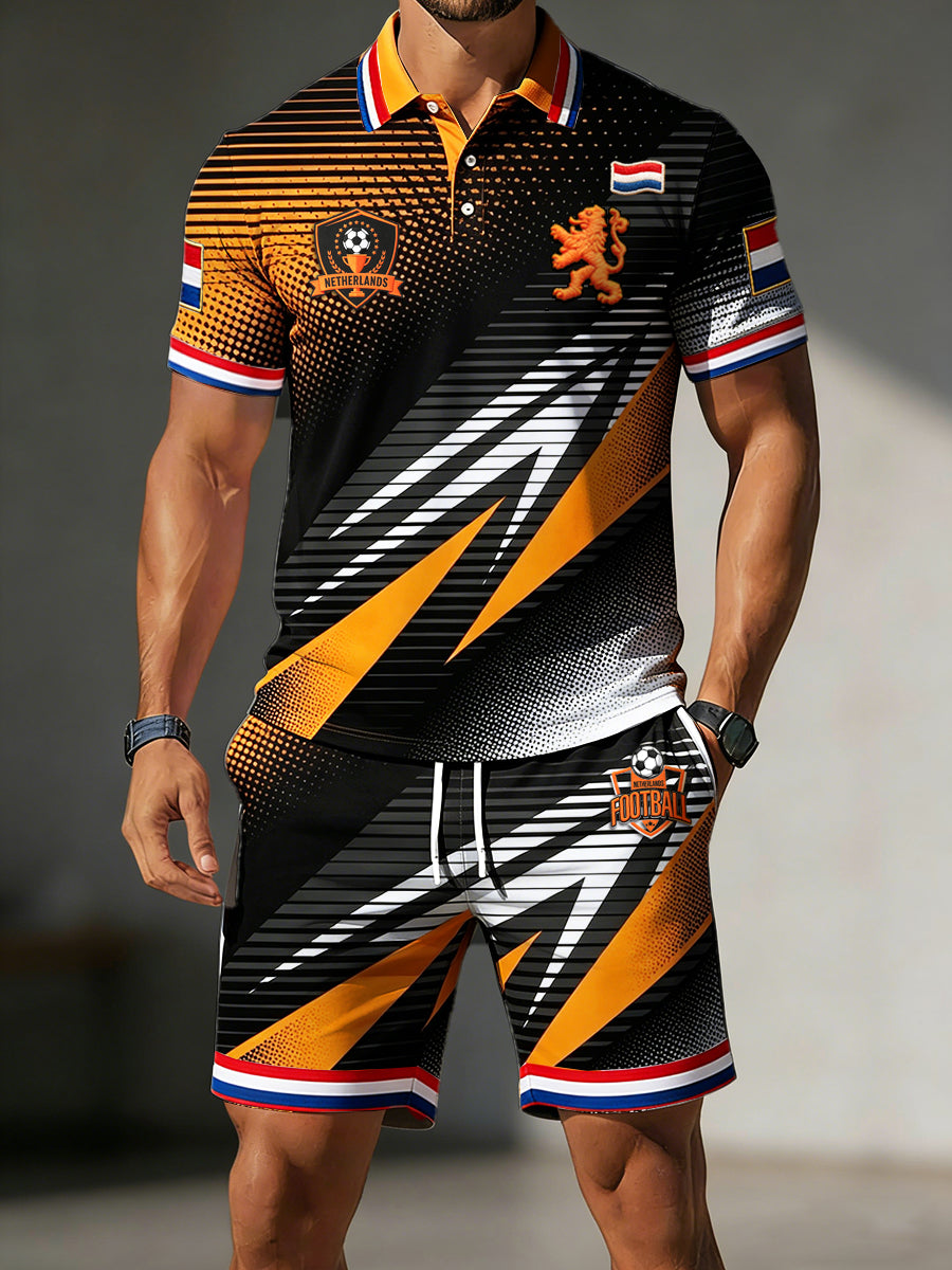 Heren zwart Nederlands Voetbal Stripe Print Casual T-shirt en korte broek