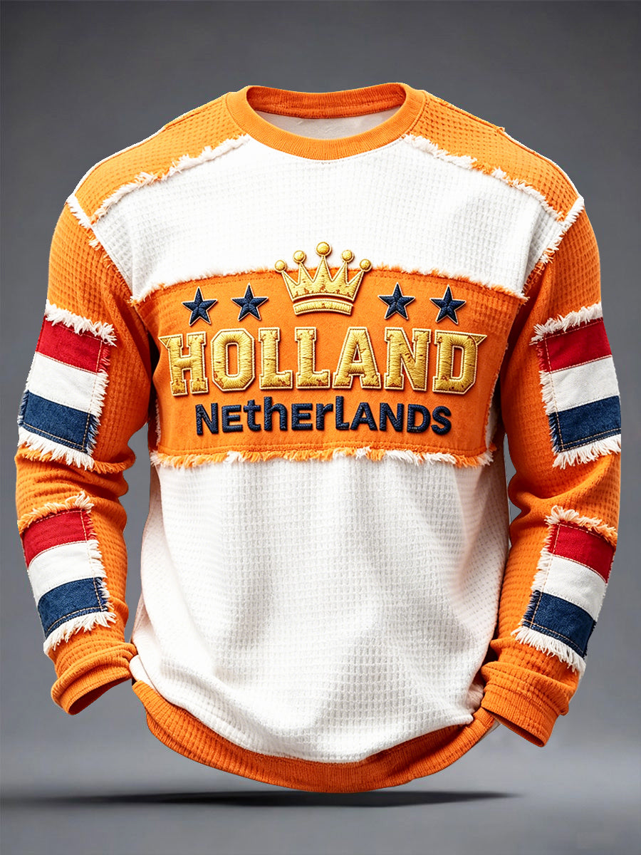 Heren T-shirt in wafelstof met lange mouwen en panelen met Hollandse print, casual styl