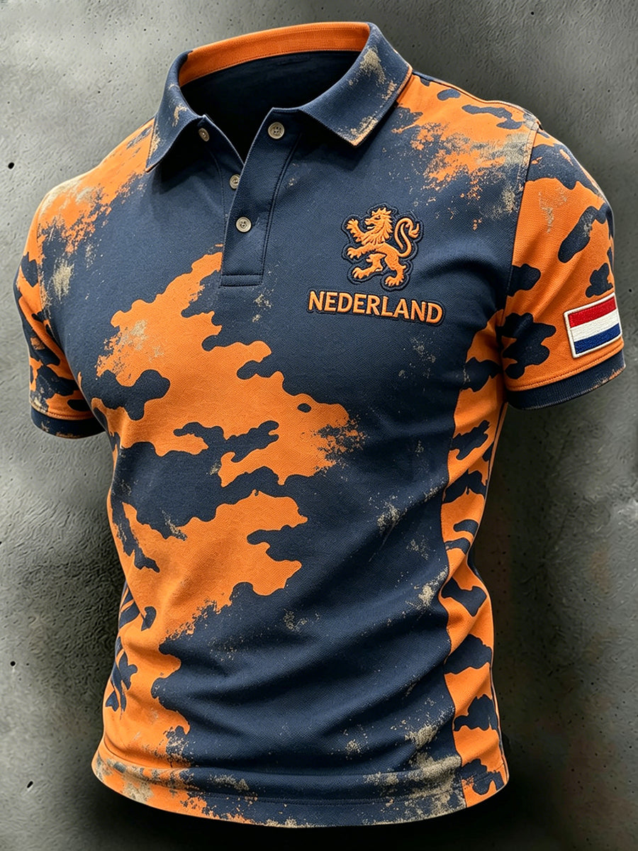 Herenpolo met verweerde camouflageprint