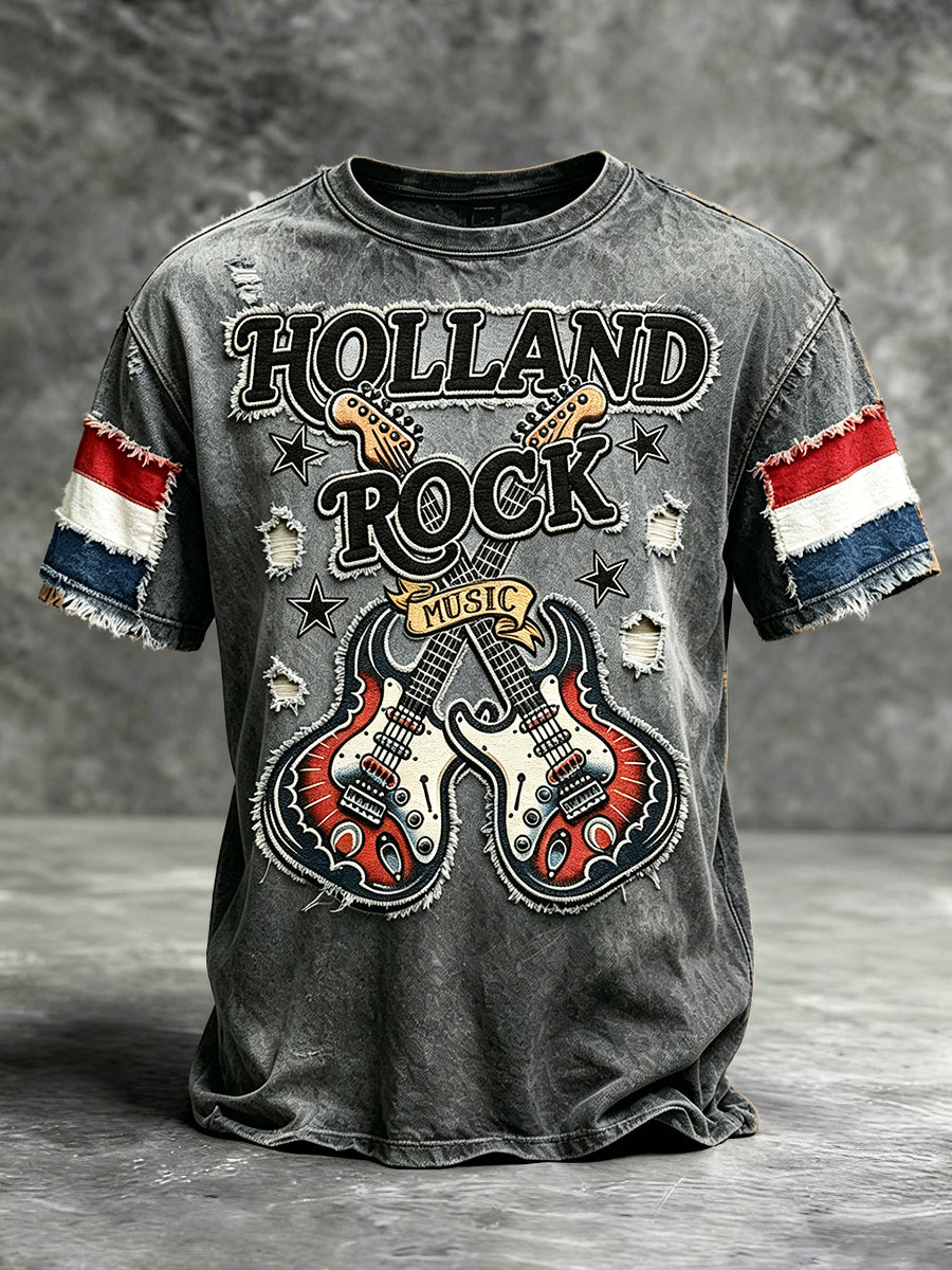Heren Nederlandse Rock Bass Gescheurde Print Casual Retro T-shirt