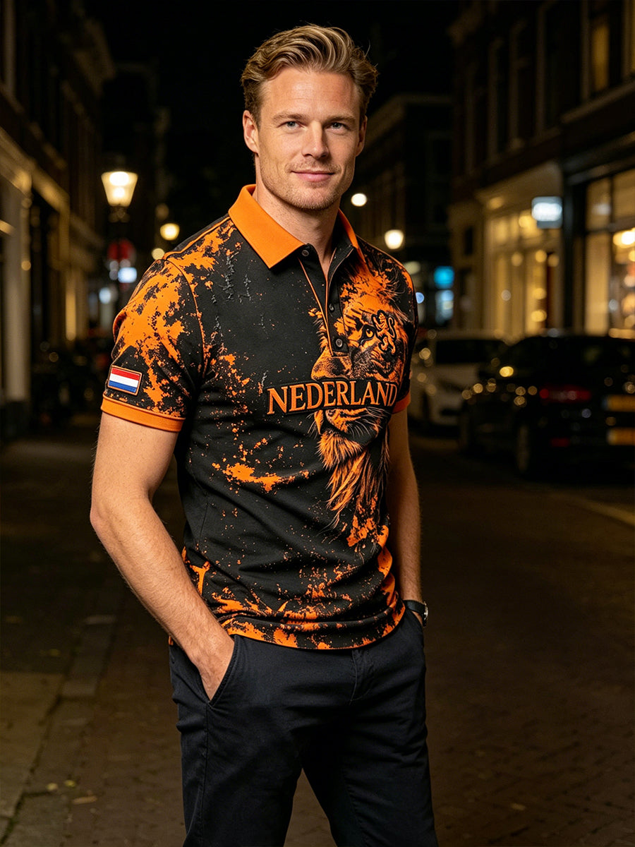 Herenpolo met slijtage-effect en leeuwenprint