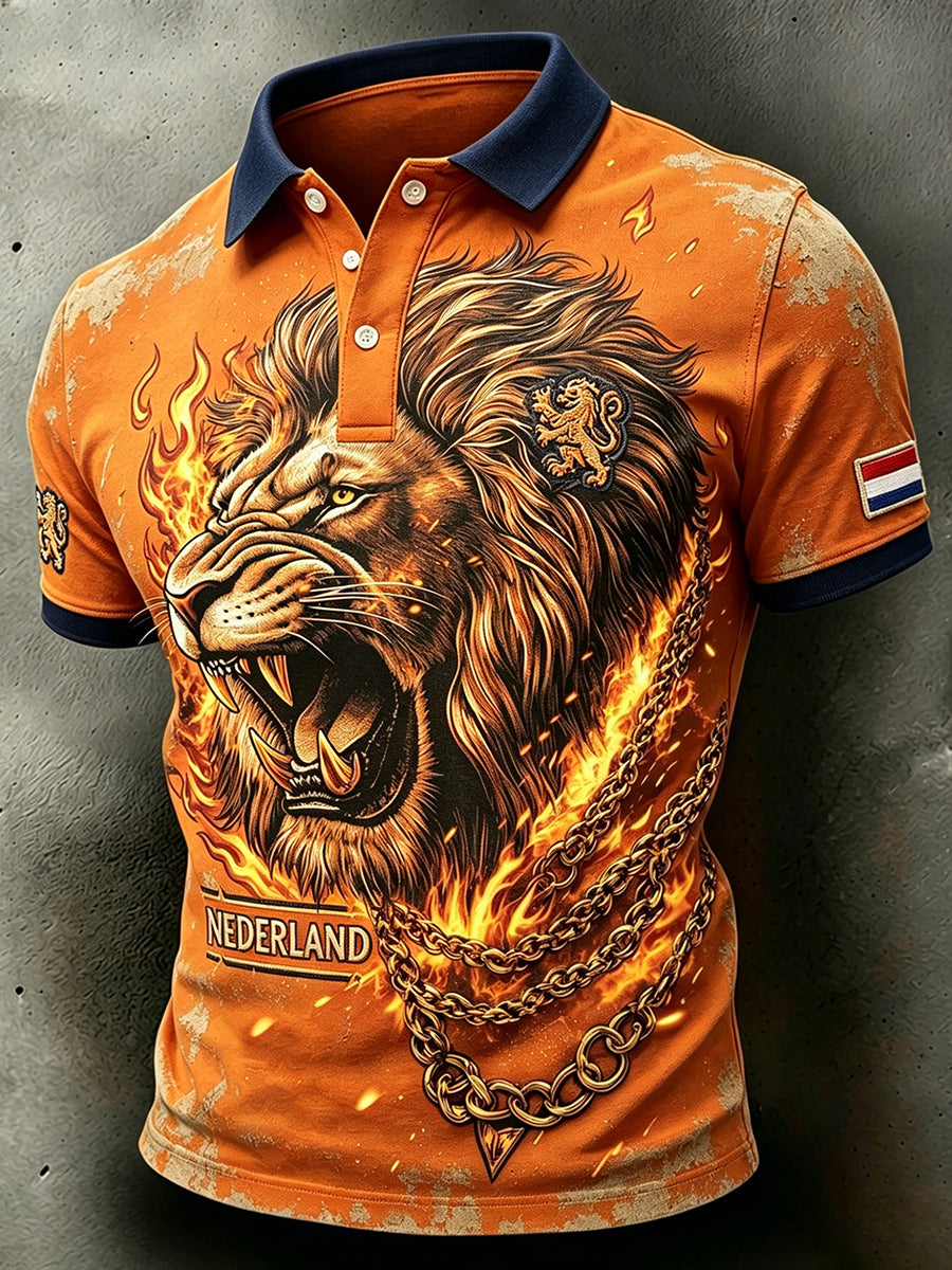 Herenpolo met slijtage-effect en leeuwenprint