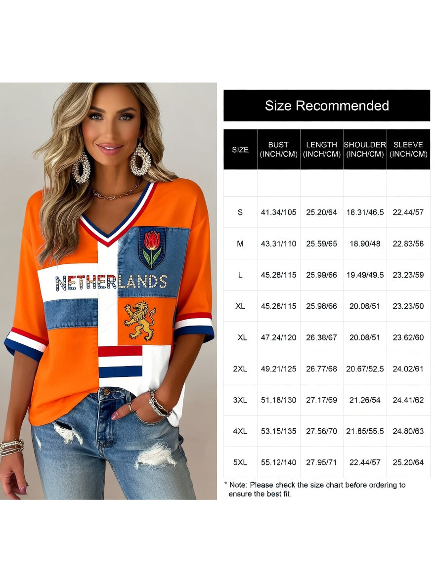 Dameskunstprint met V-hals ter ere van Koningsdag in Nederland