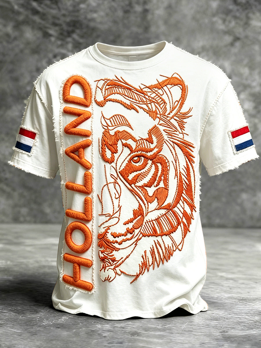 Heren Nederlands Tijger 3D-geprinte vintage witte casual t-shirt