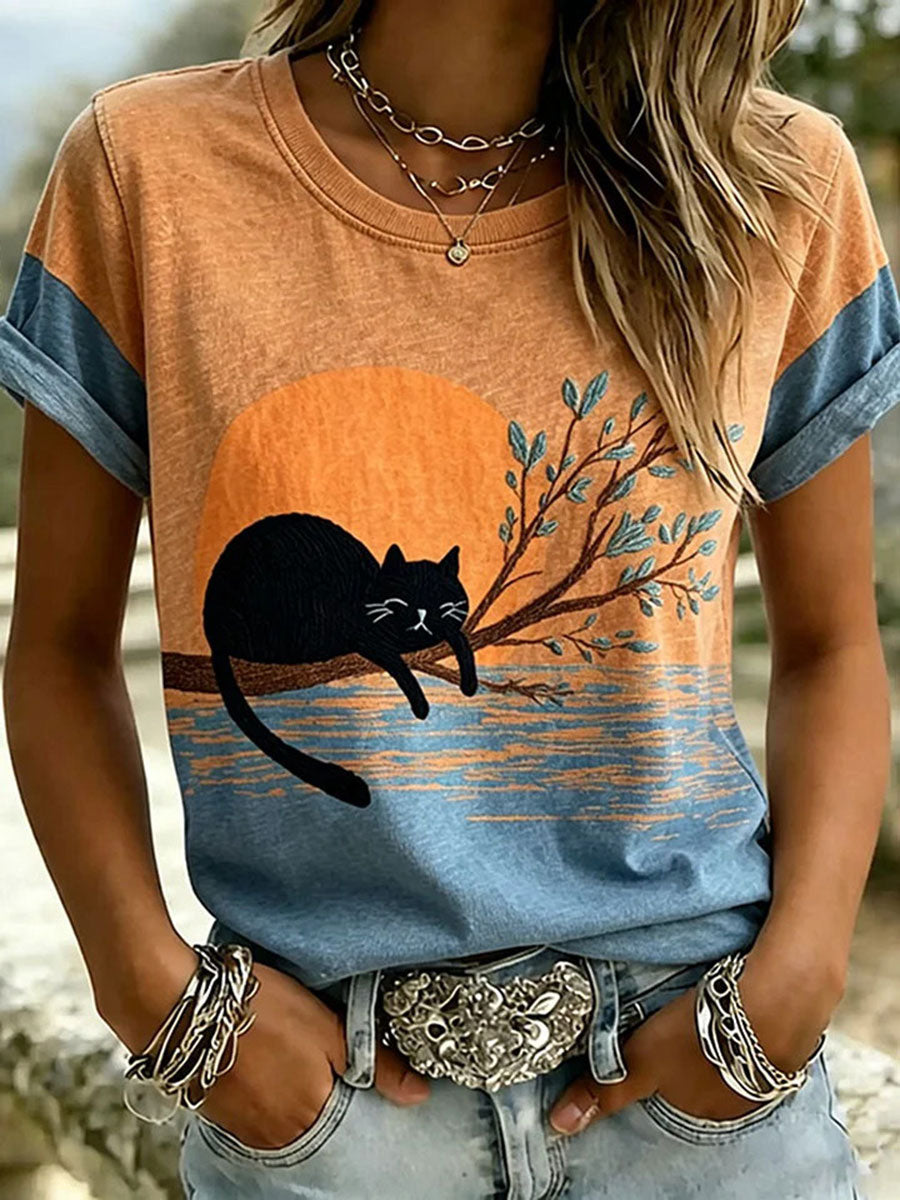 Dames T-shirt met kattenprint, casual