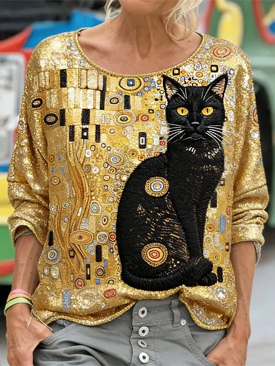 Glitter Black Cat Art met lange mouwen, loszittend sweatshirt voor dames