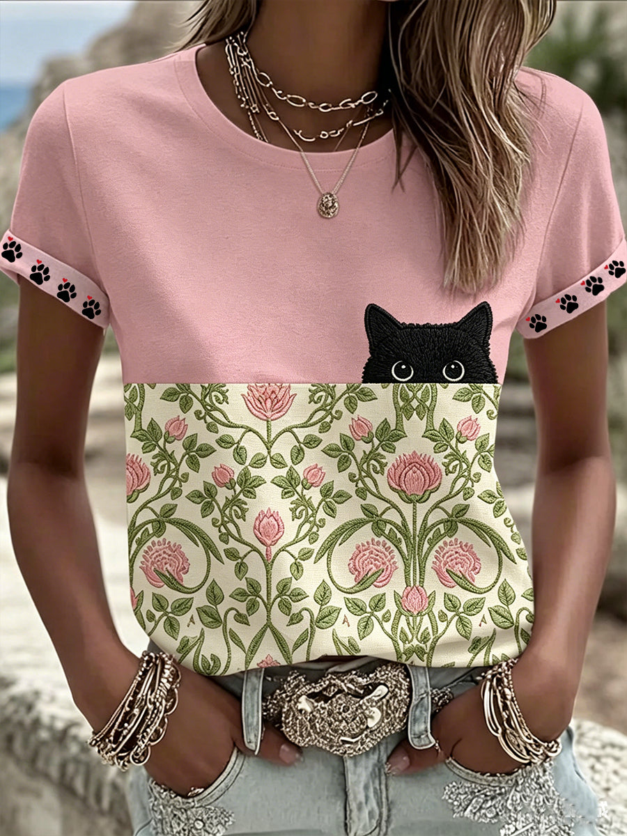 Dameszwarte kat met bloemenprint casual T-shirt met korte mouwen