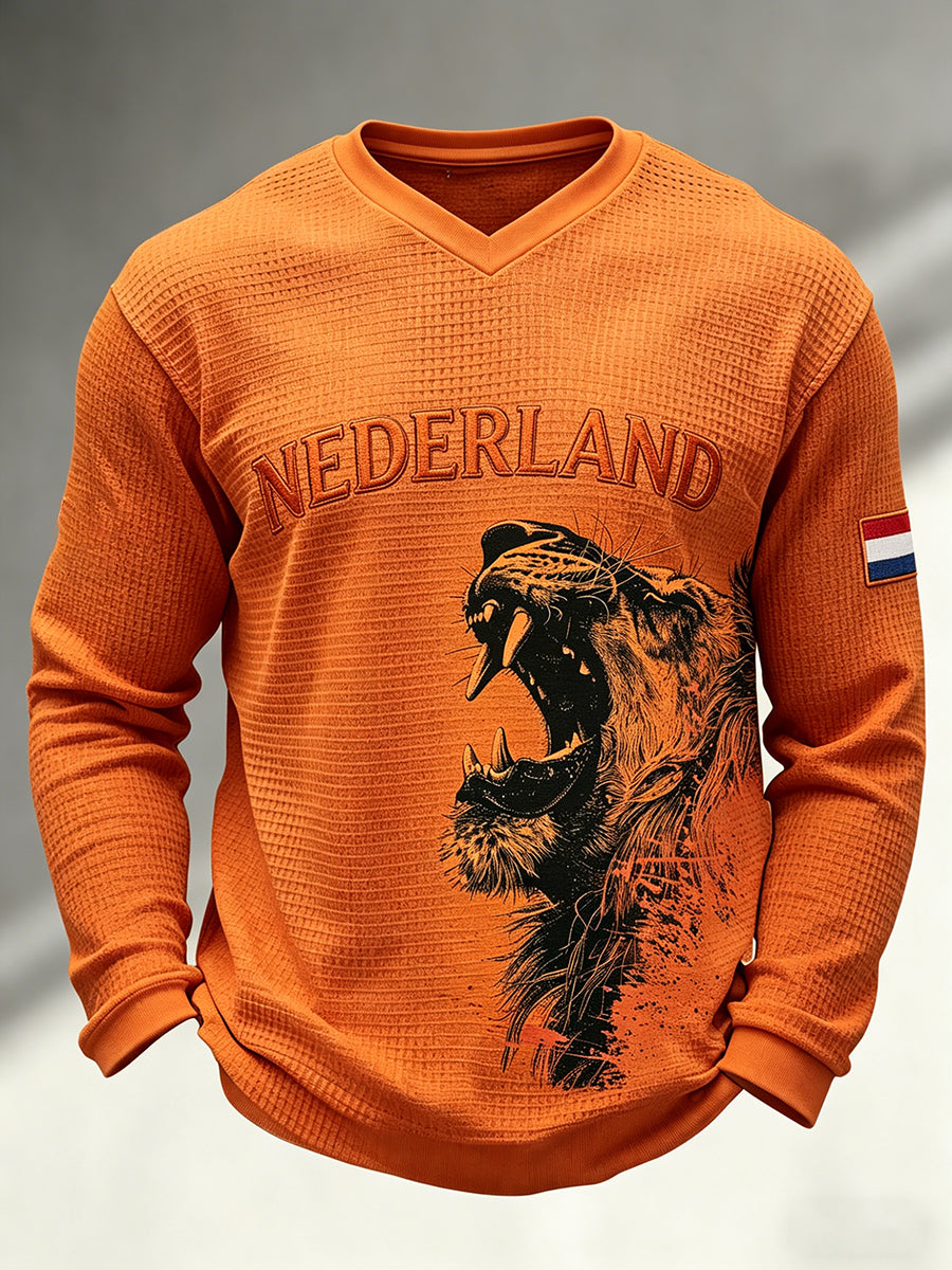 Heren T-shirt met lange mouwen en wafelpatroon, voorzien van een leeuwenmotief