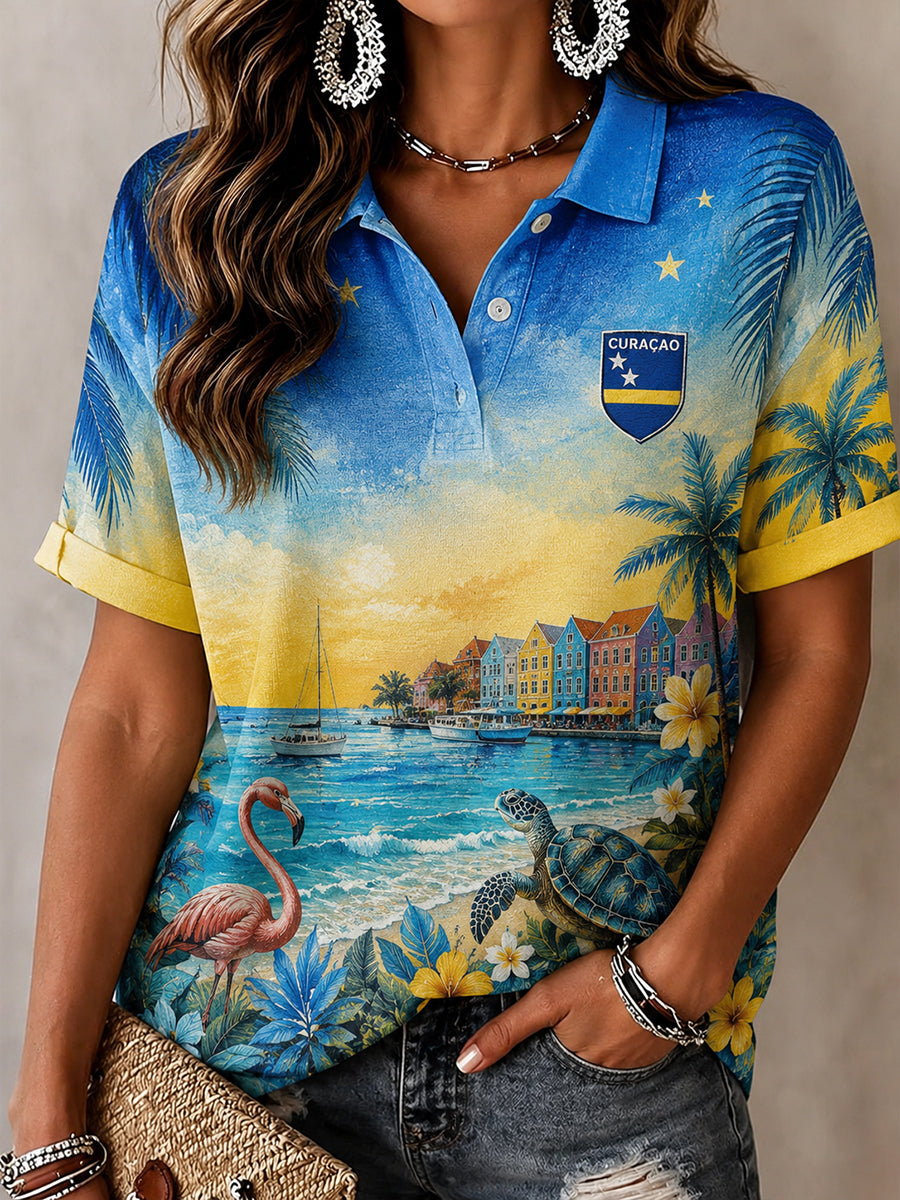 Artistiek poloshirt met korte mouwen in vakantiestijl voor vrouwen, geïnspireerd door eilandleven