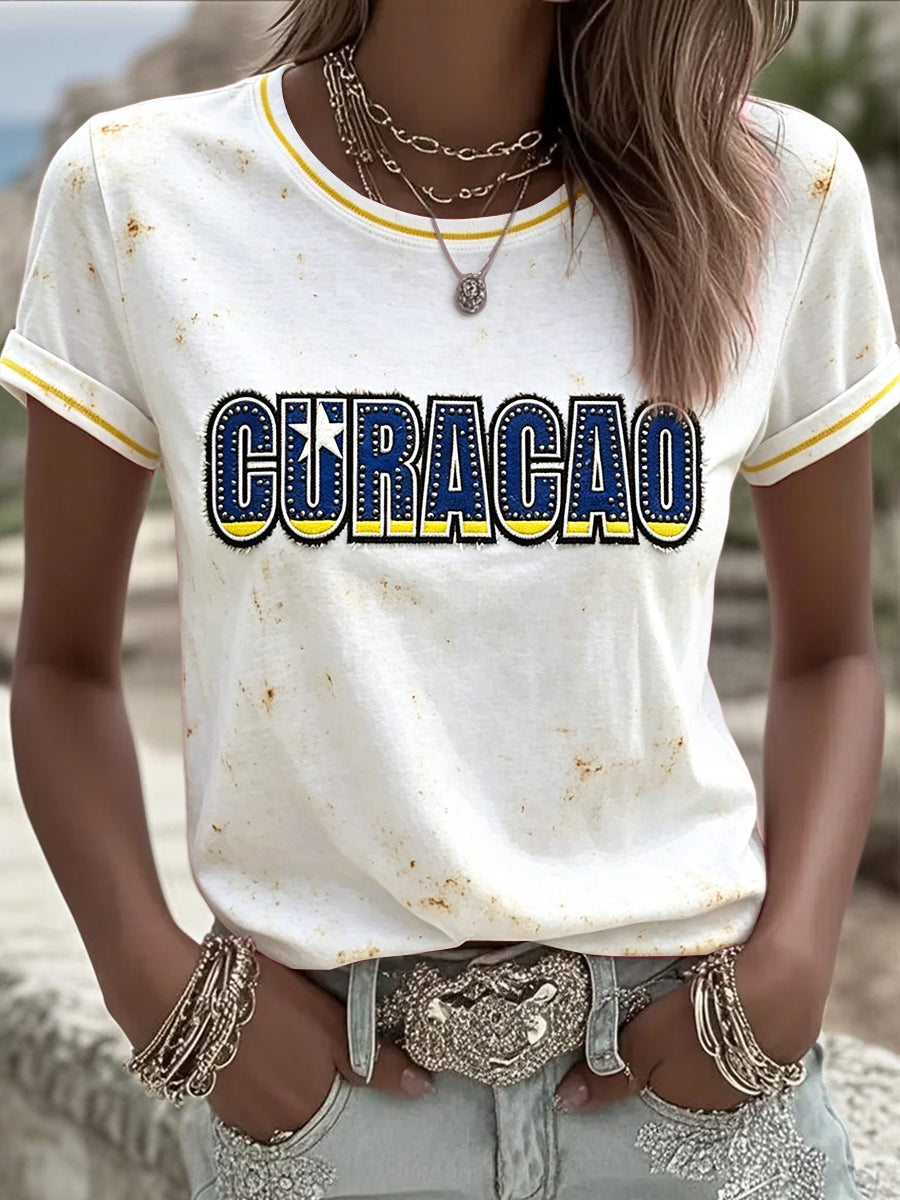 Dames Wit Nederlands Voetbal Curaçaos Retro Print Casual T-shirt