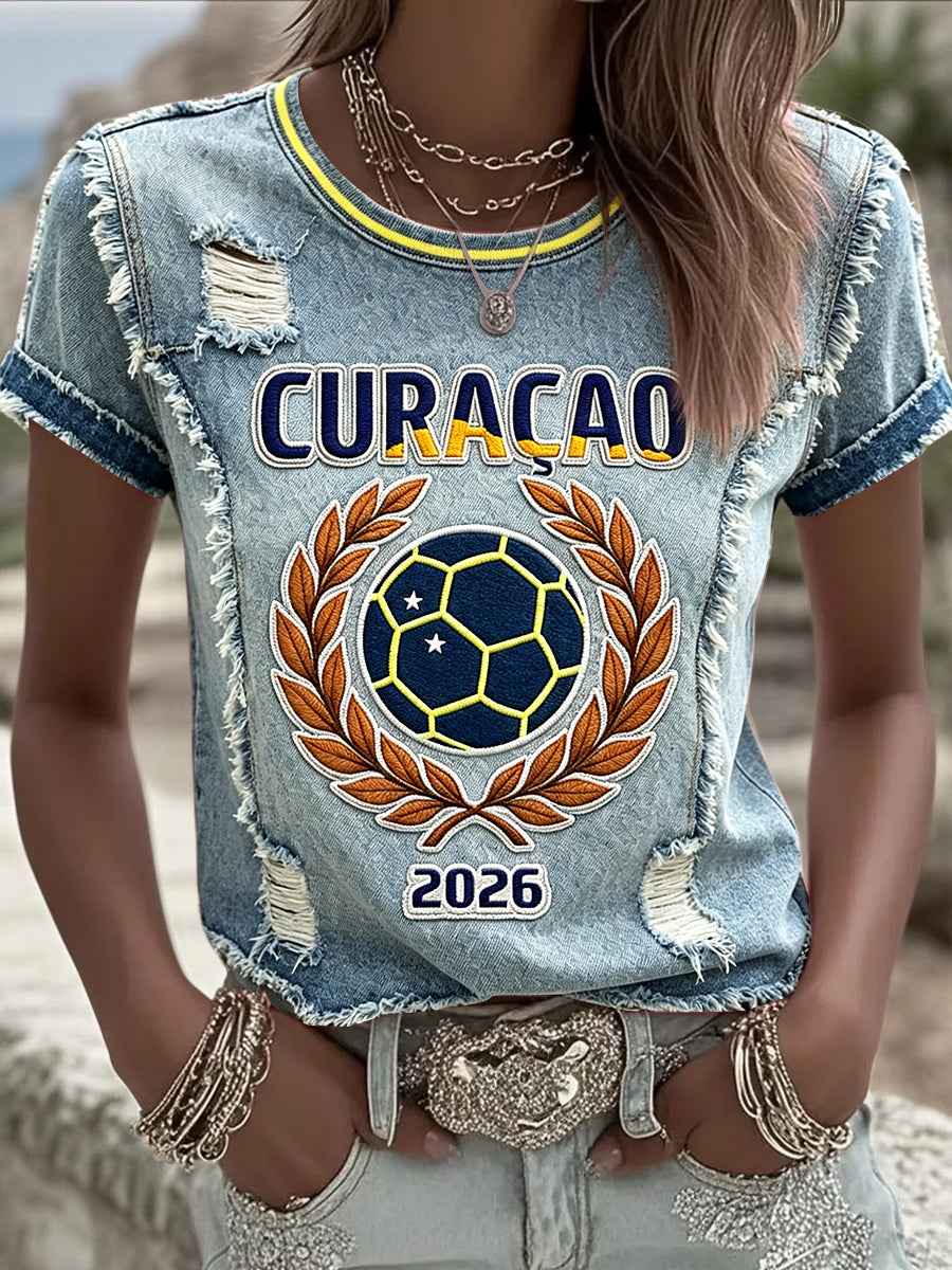 Dames Nederlands Voetbal Curaçaos Denim-Effect Gescheurde Print Casual T-shirt