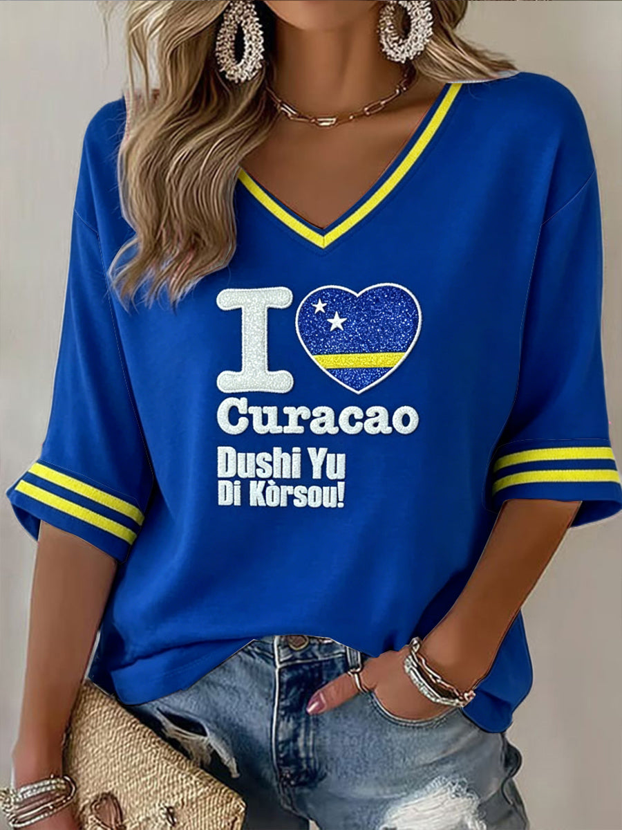 Dames Blauw Nederlands Voetbal Curaçaos Print Casual V-hals T-shirt