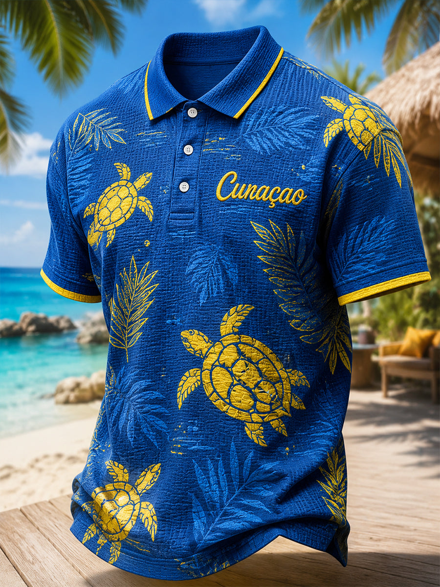 Herenjurk in eilandstijl met print, gewafeld patroon en korte mouwen, poloshirt