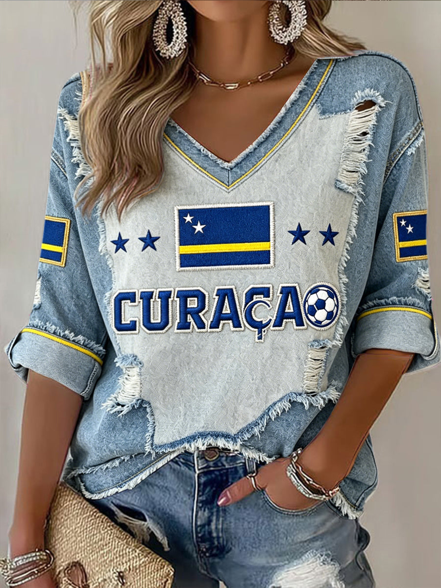 Curaçao dames voetbal-geïnspireerde denim-look patchwork print casual T-shirt