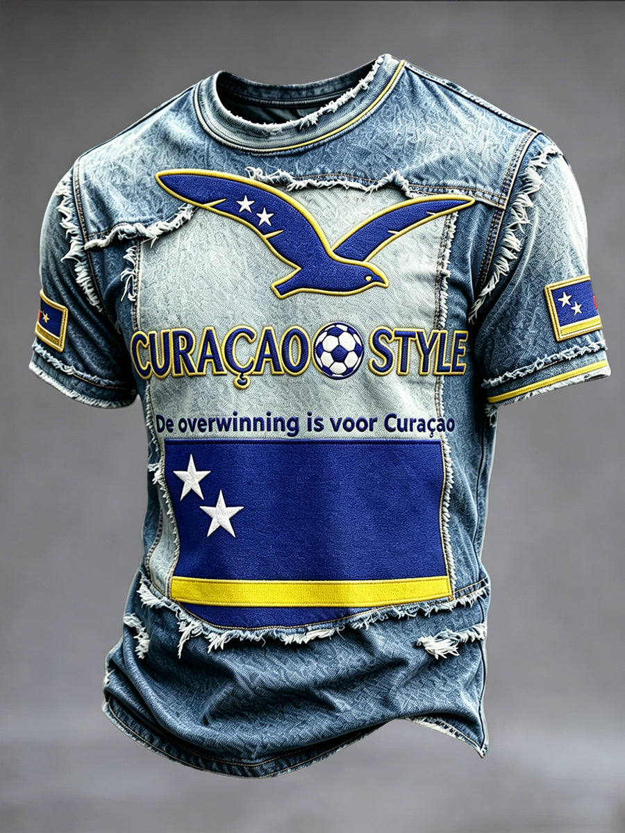 Curaçao Football-geïnspireerde denim-effect patchwork 3D-geprint blauw casual T-shirt