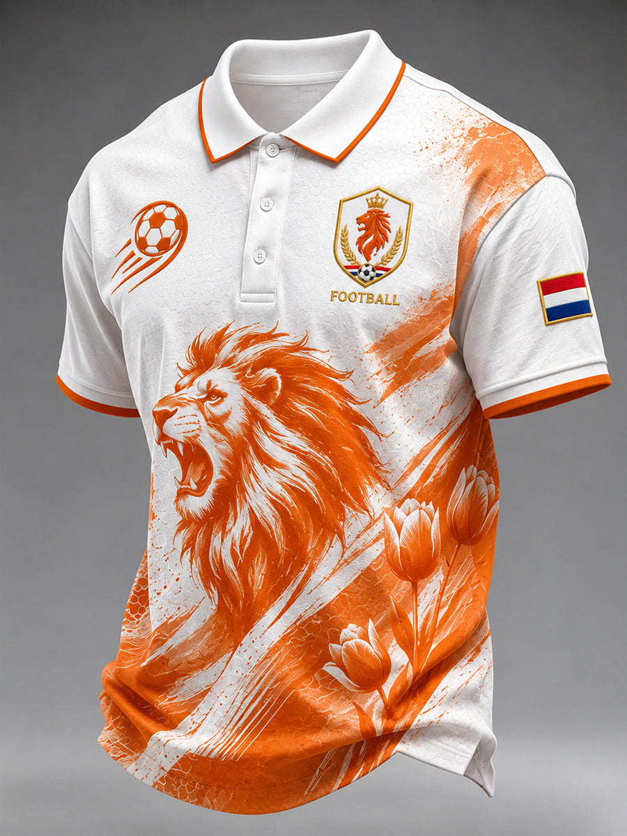 Casual poloshirt voor heren met voetbalthema en leeuwenprint, korte mouwen
