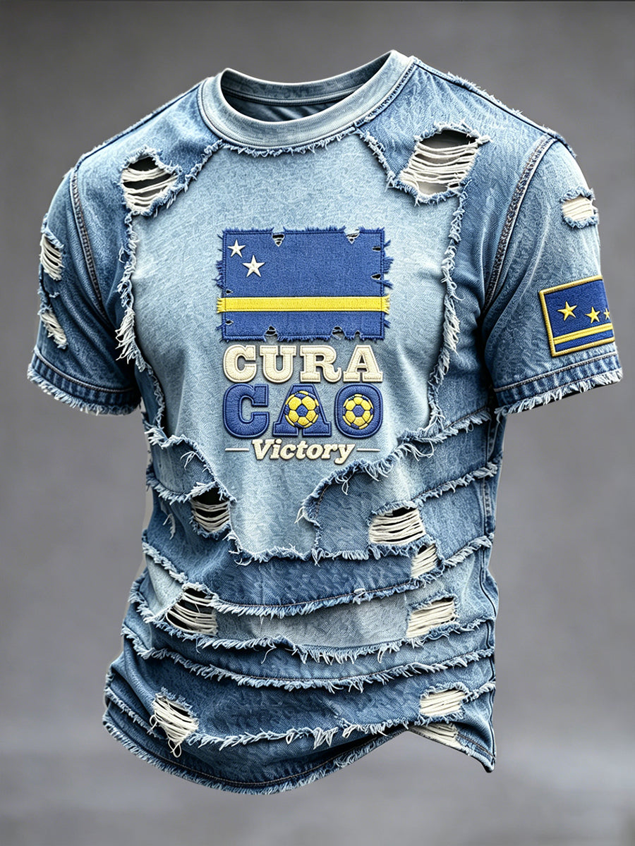 Curaçao vlag denim patchwork voetbalprint casual T-shirt