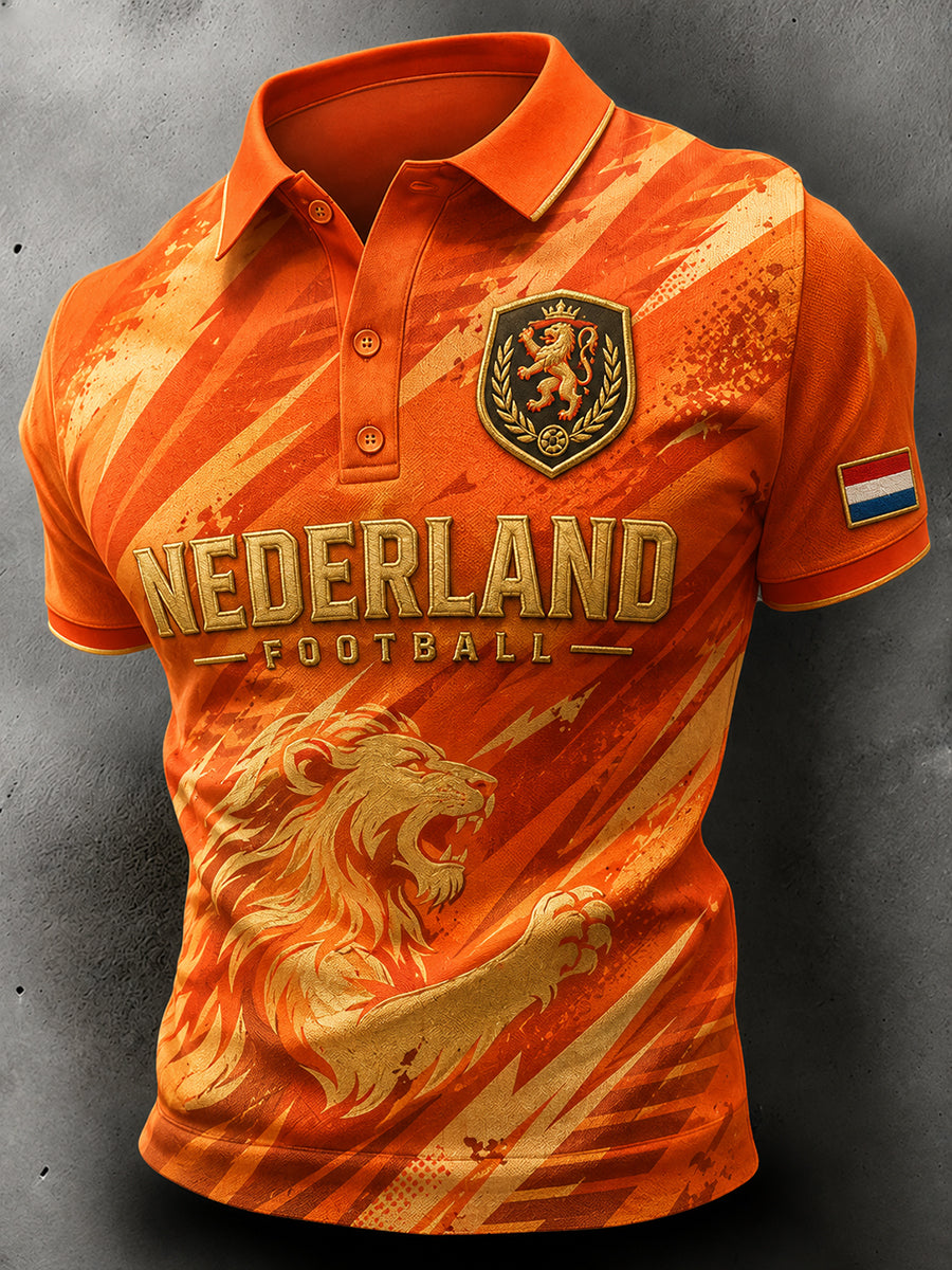 Herenpoloshirt met korte mouwen en print van een leeuw en een voetbal