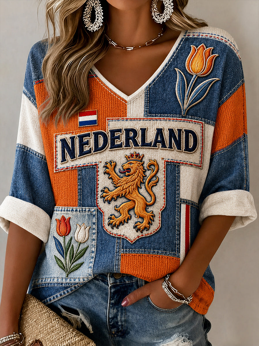 Dames Leeuw Bloemen Patchwork Print V-hals Top