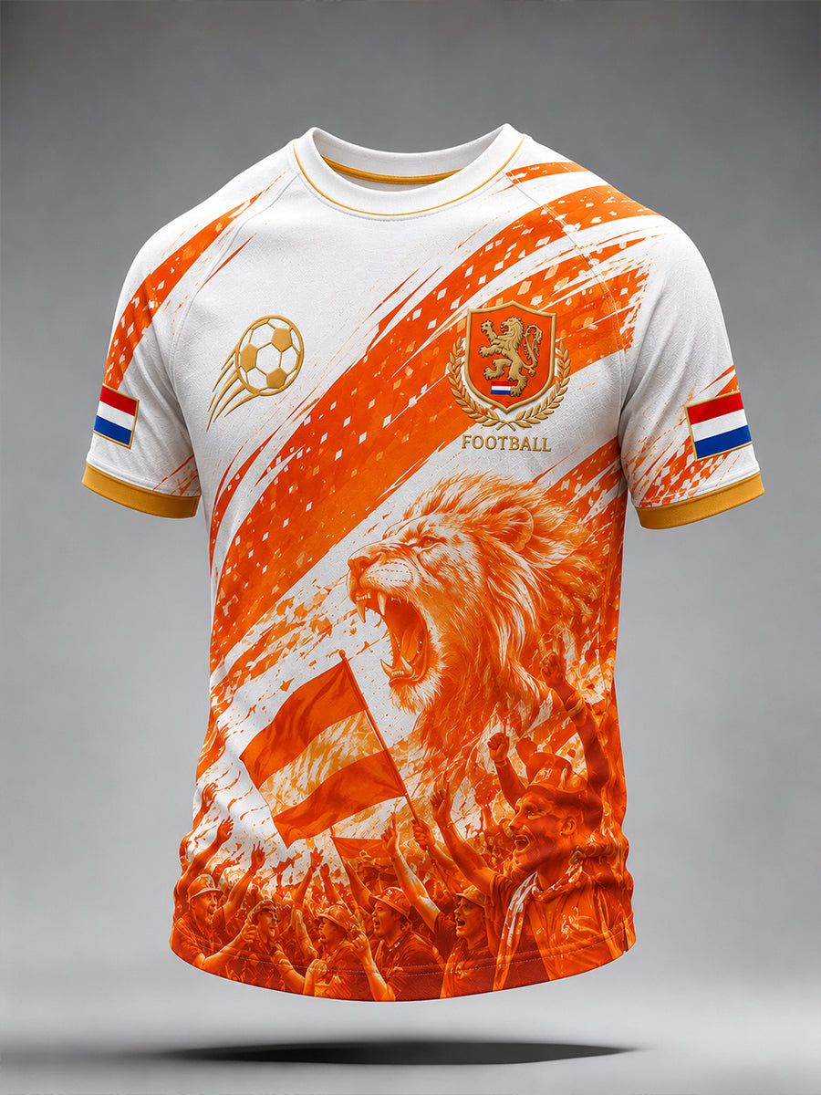 Heren-T-shirt met korte mouwen en print van een leeuw en een voetbal